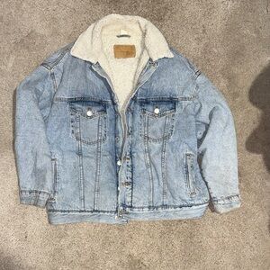 &DENIM Button Front Light Wash Blue Denim Jean Sherpa Lined Jacket Men's